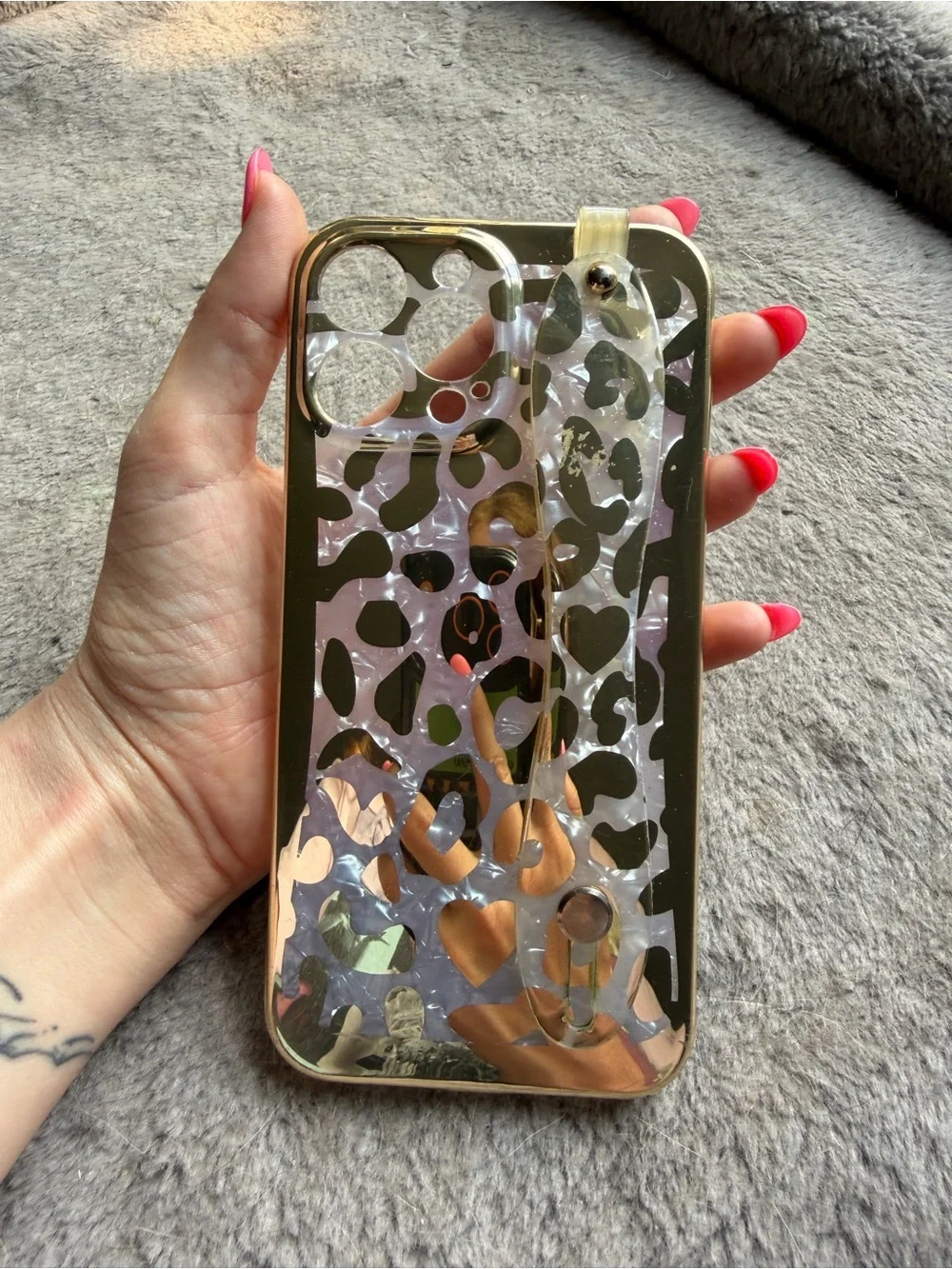 iPhone 13 Pro Max Gold Accent Clear Leopard Phone Case with Hand Strap